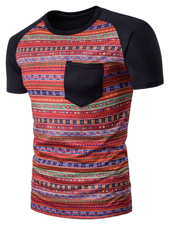 T-shirt Géométrique Tribal Print Color Block Pocket - Noir 2XL