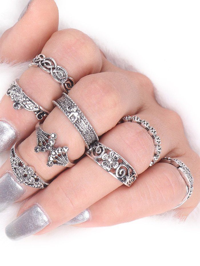 

Elephant Flower Leaf Alloy Ring Set, Silver