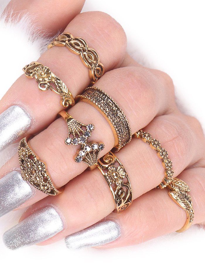 

Elephant Flower Leaf Alloy Ring Set, Golden