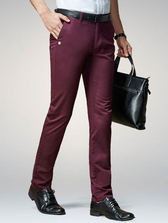 Button Embellished Zip Fly Casual Pants - Rouge vineux 32