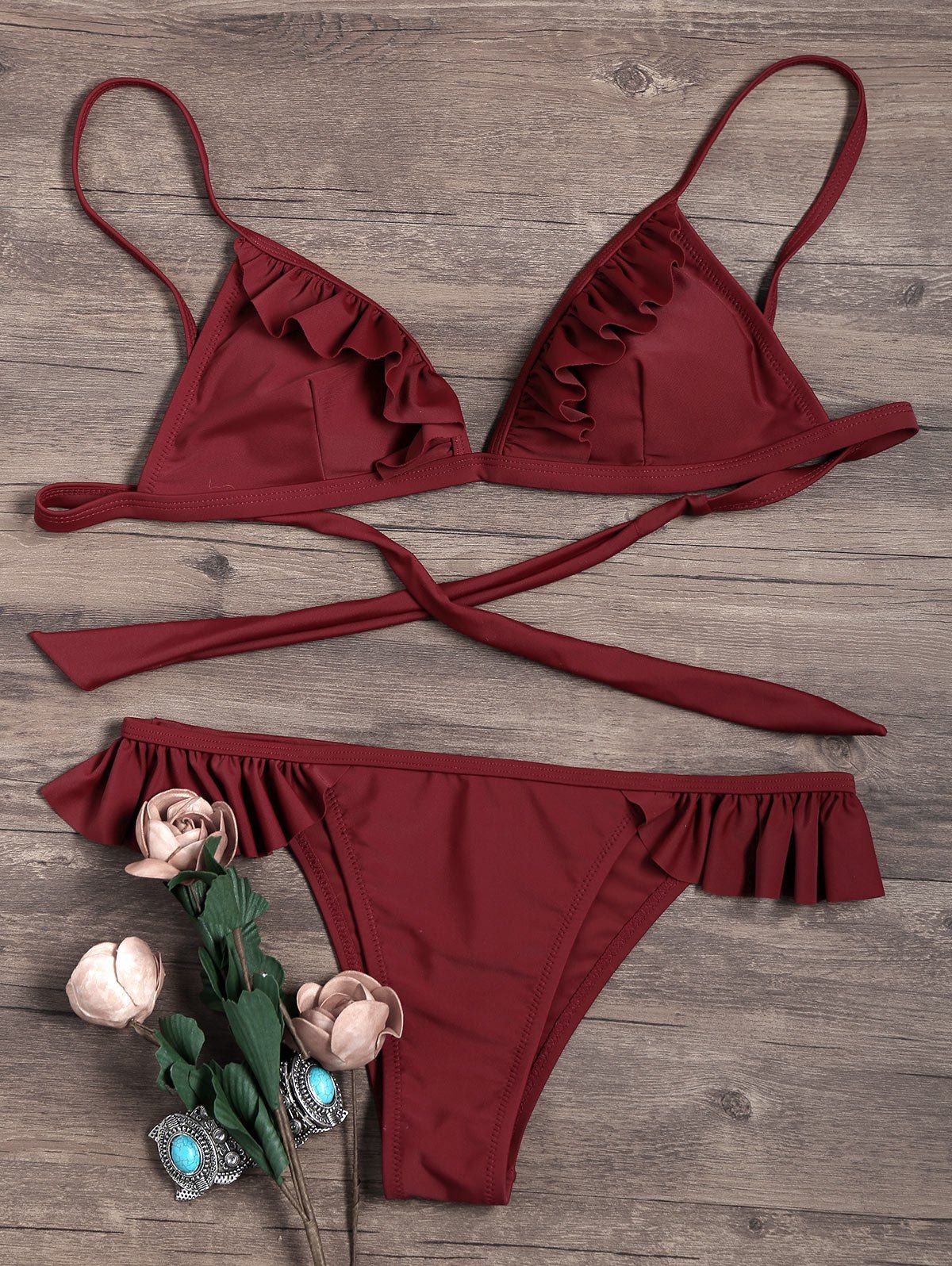 

Ruffles Embellished Wrap Bikini, Wine red