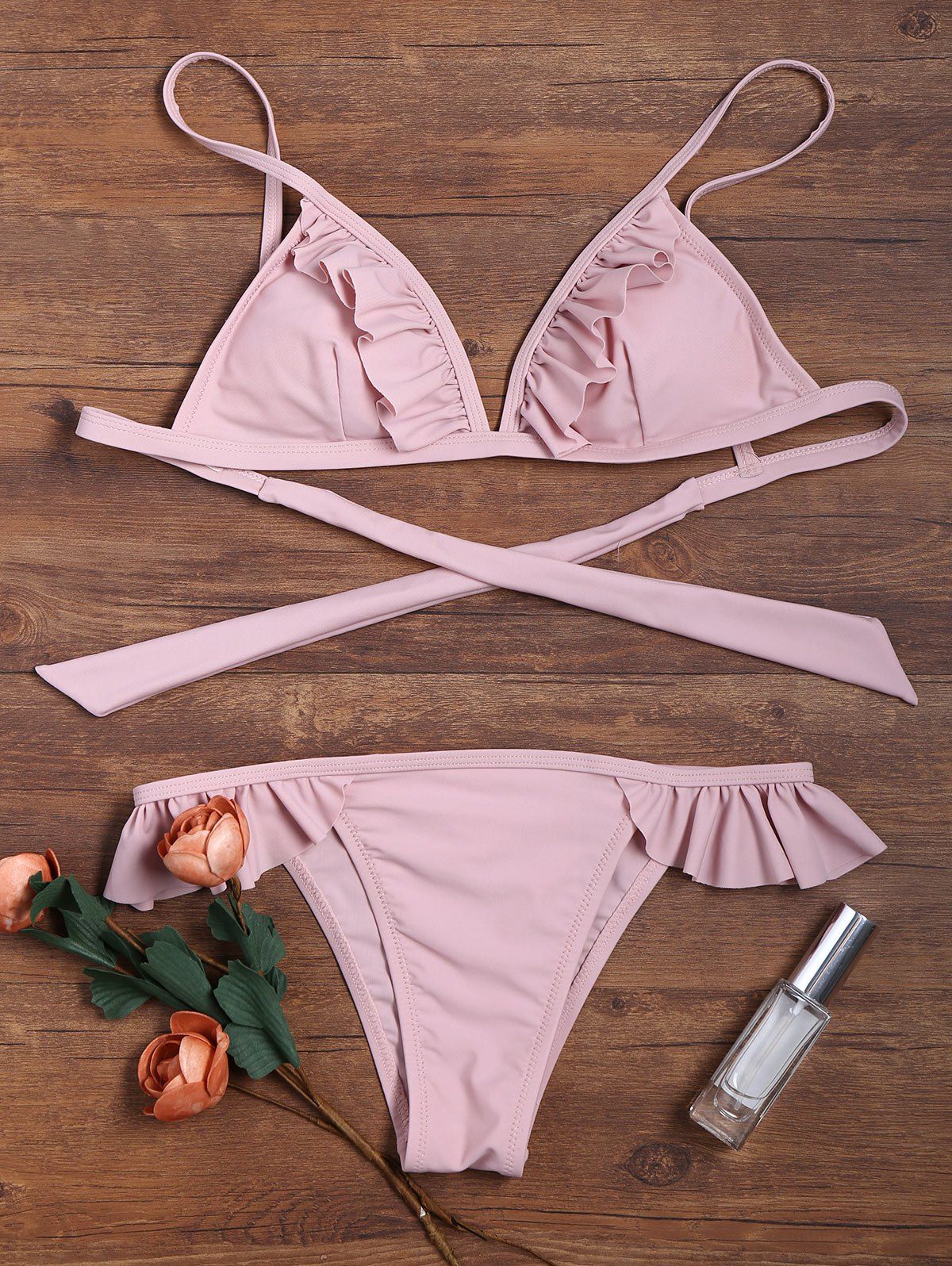 

Ruffles Embellished Wrap Bikini, Pink