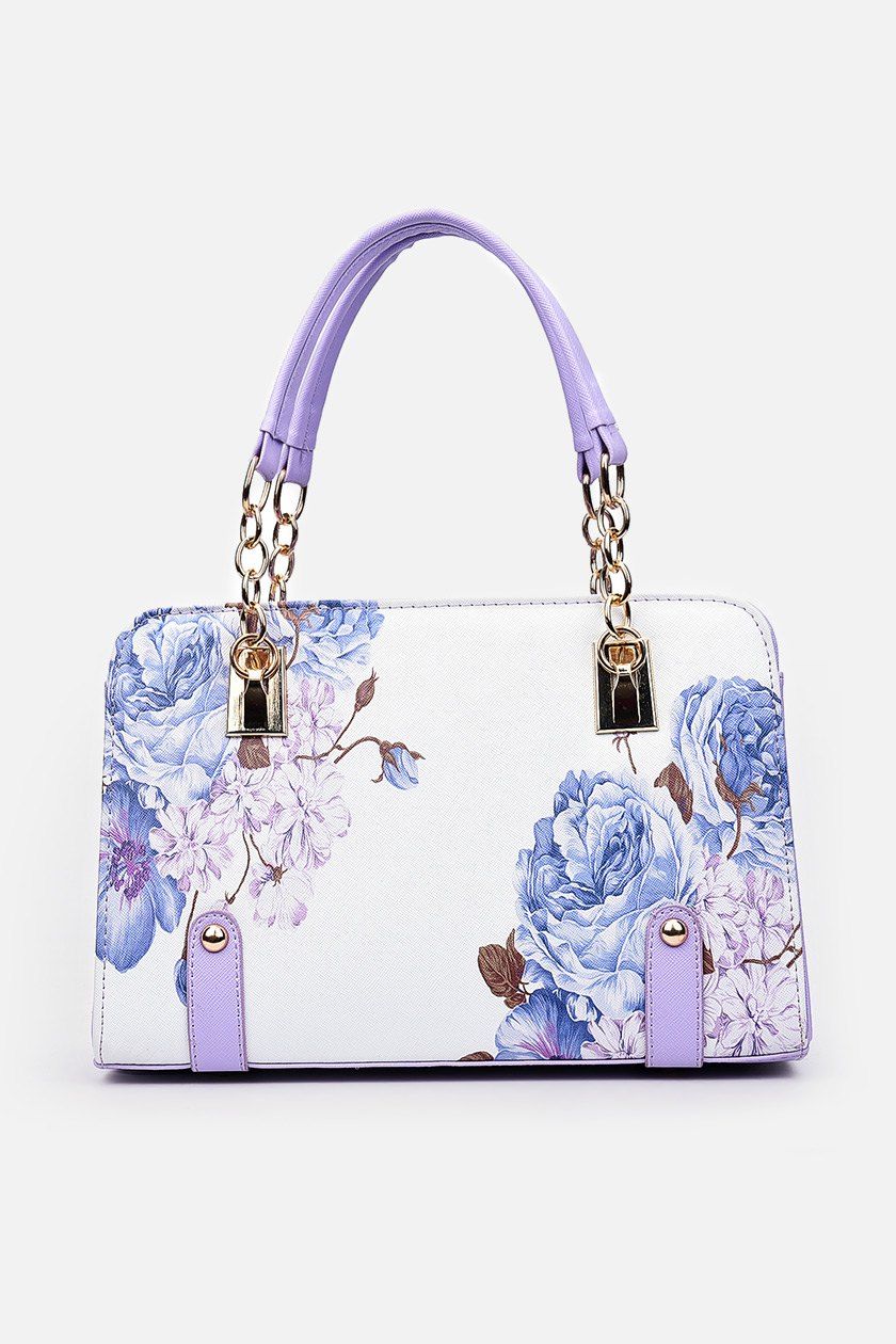 Chain Detail Flower Print Handbag - PURPLE 