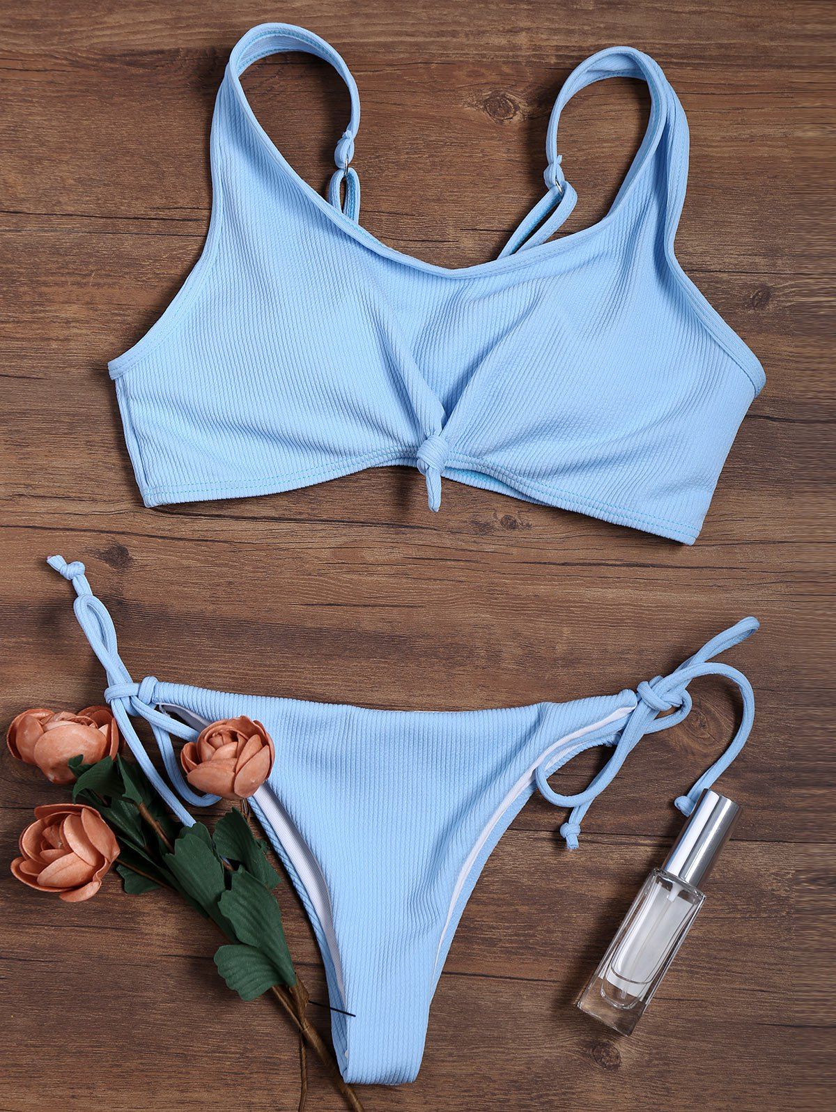 

Adjustable Straps Ribbed String Bikini with Knotted, Windsor blue