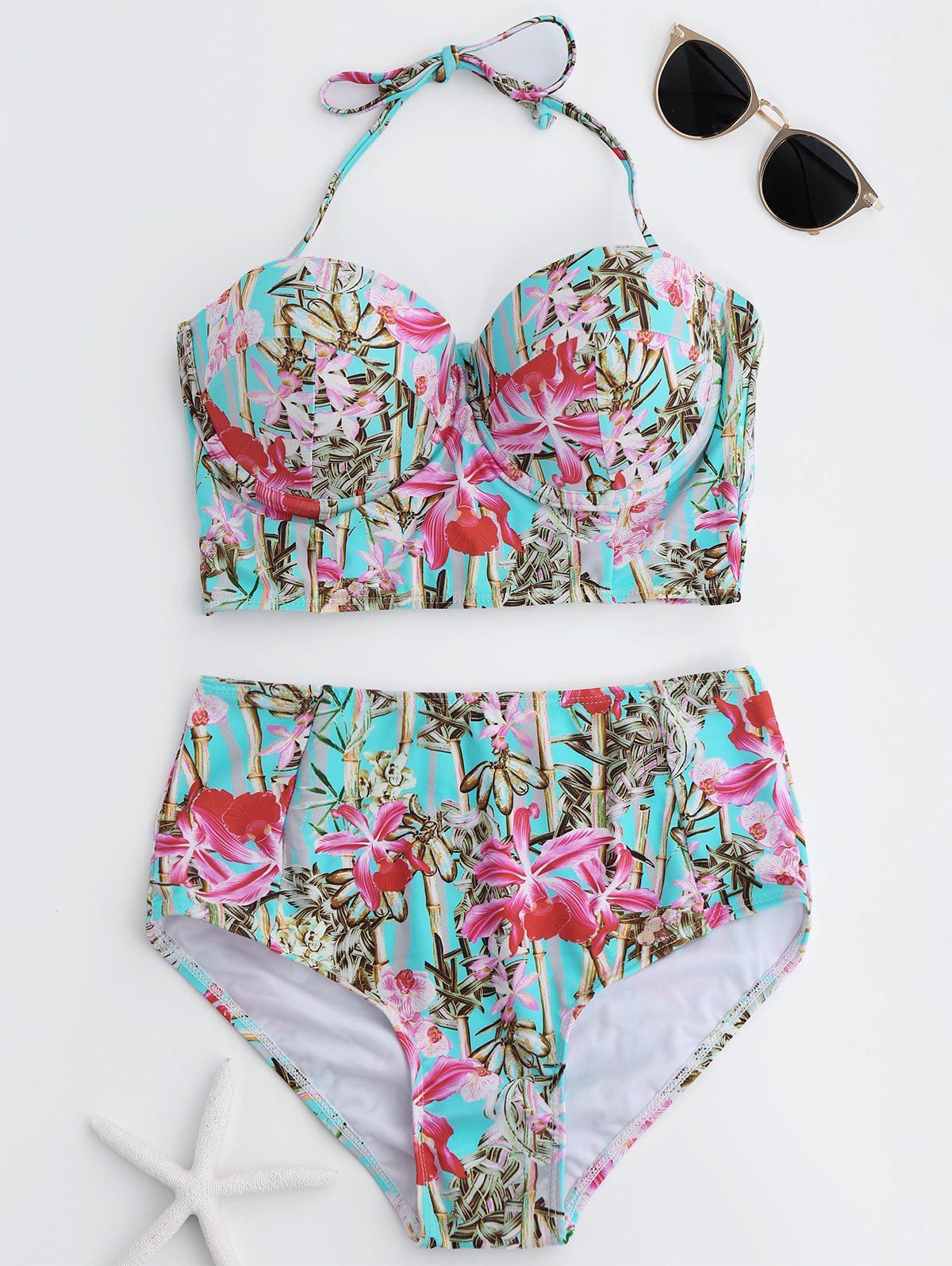

High Waist Tropical Floral Bikini, Light blue