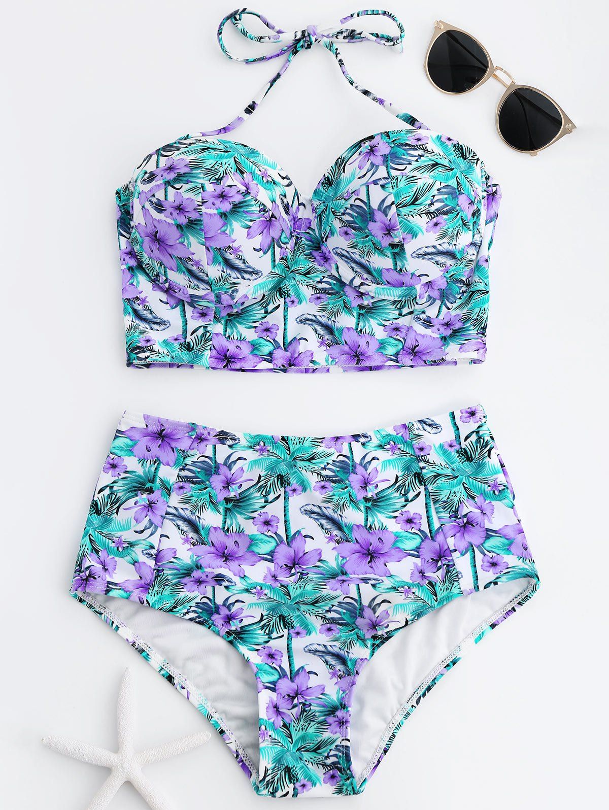 

High Waist Tropical Floral Bikini, Purple