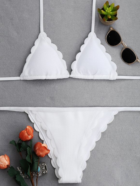 Bikini à cordes Halter festonné - Blanc XL