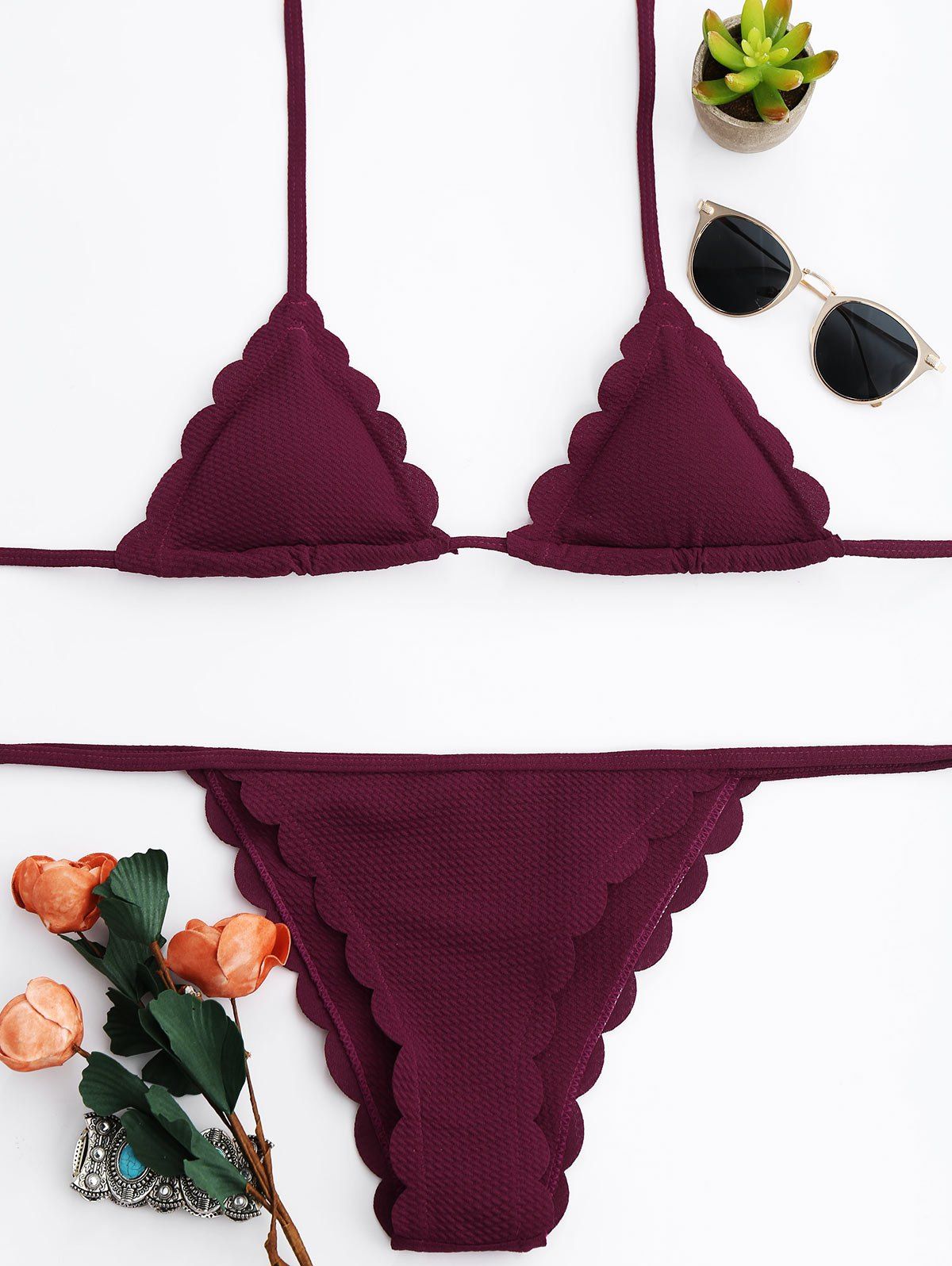 

Scalloped Halter String Bikini Swimsuit, Burgundy