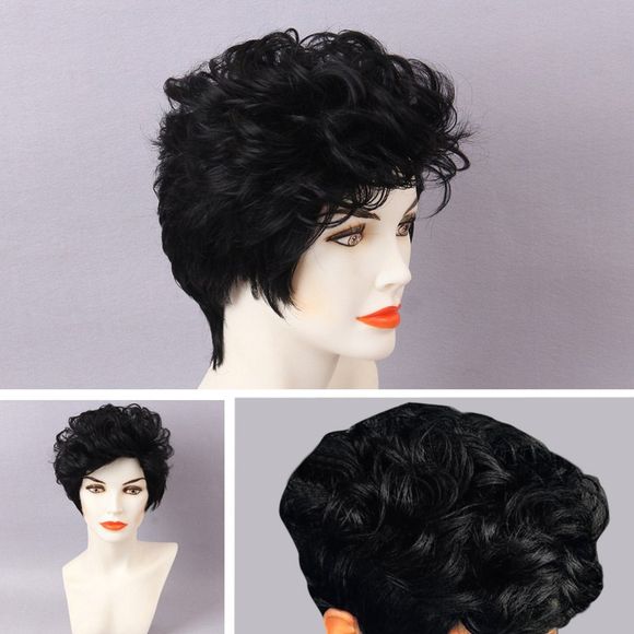 Petite perruque de cheveux humain en duvet de Shaggy Curly Layered - JET NOIR 01 