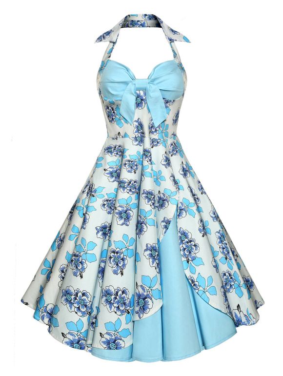 Robe Vintage à Imprimé Floral Dos Nu - Bleu clair 2XL