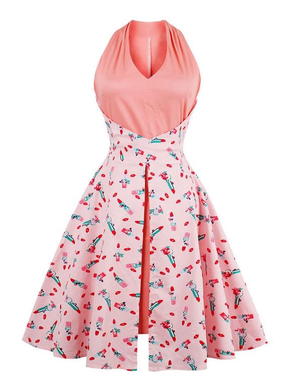 V Neck Lip Print Vintage Dress - Rose 2XL