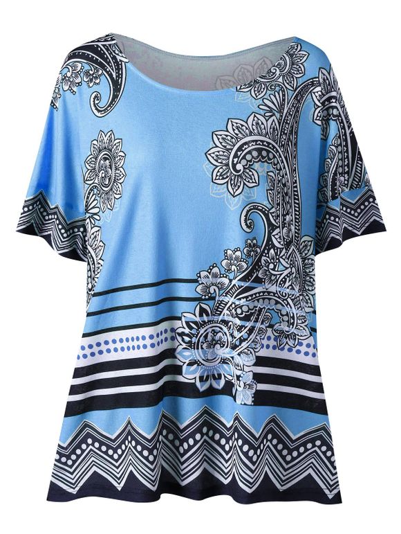 T-shirt Floral à Fente Latérale Grande Taille - Bleu clair 2XL