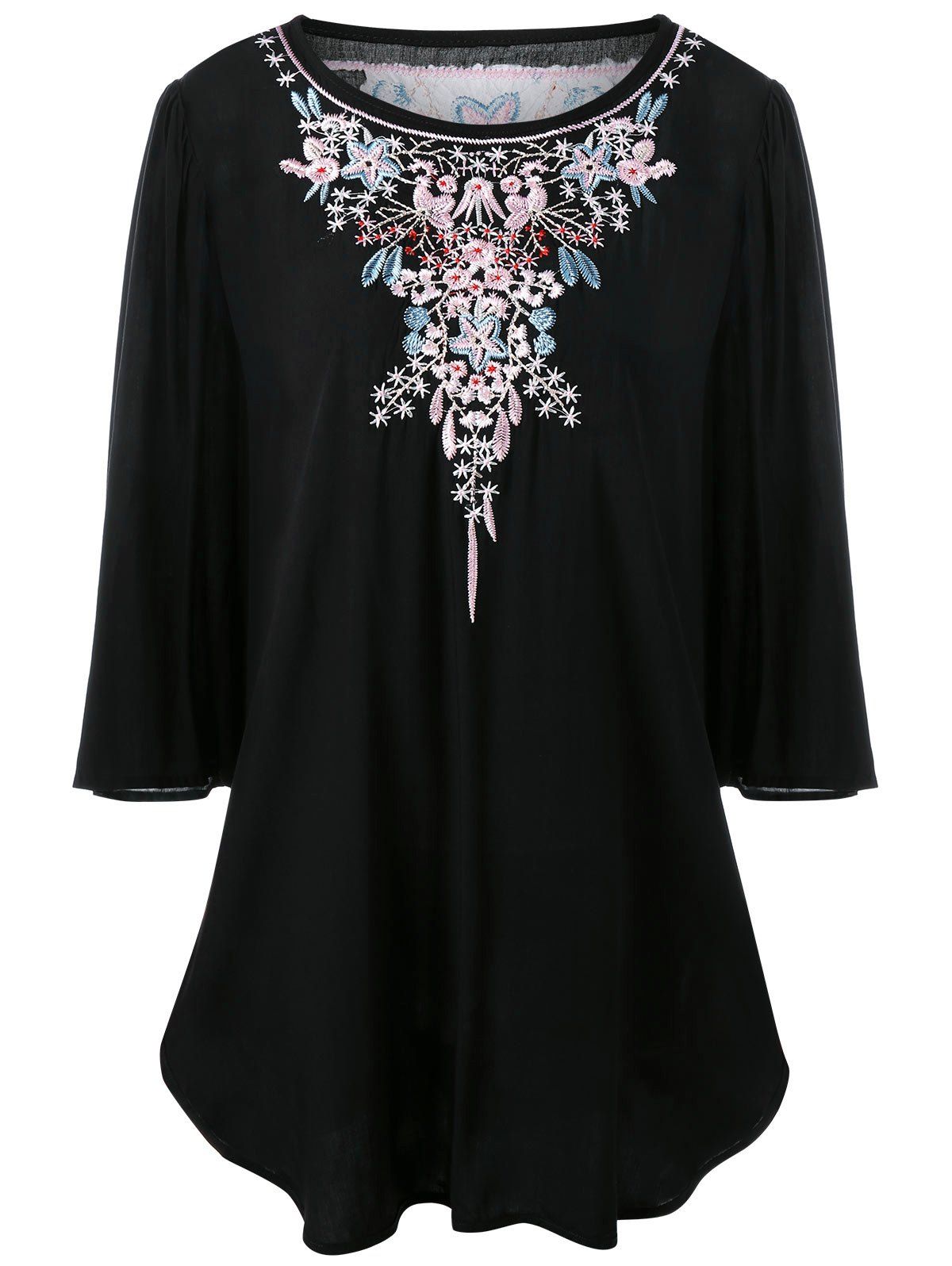 [41% OFF] 2021 Plus Size Floral Embroidered Long Dressy Top In BLACK ...