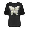 T-shirt à Papillon Pailleté Grande Taille - Noir XL