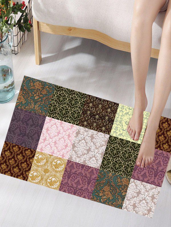 

Flower Pattern Plaid Insert Skidproof Flannel Rug, Colormix