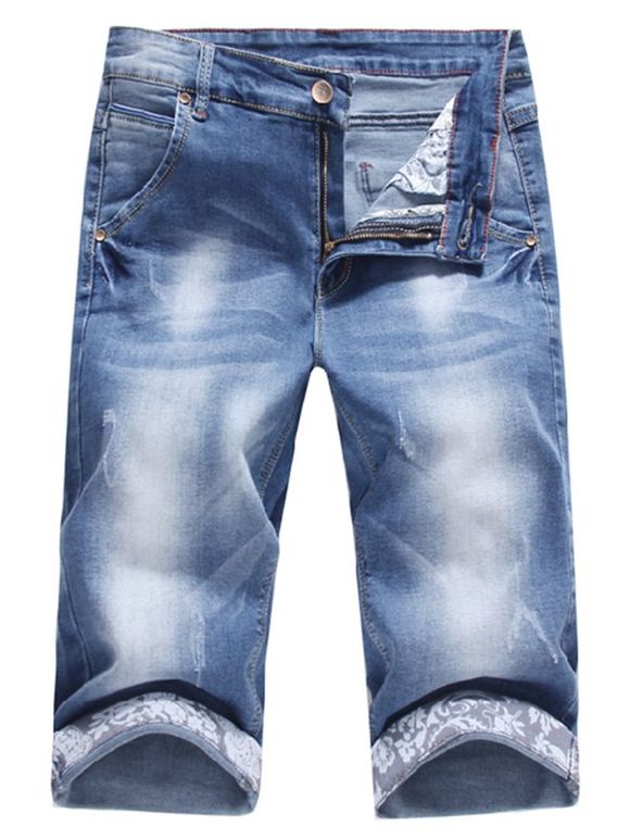 Slim Fit Scratches Denim Shorts - Bleu 34