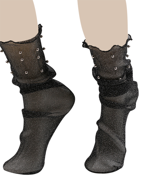 

Lurex Yarn Beaded Fishnet Crew Socks, Black