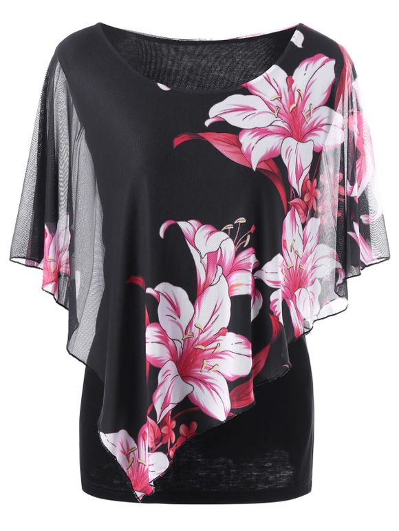 Plus Size Overlay Floral T-Shirt - BLACK 2XL