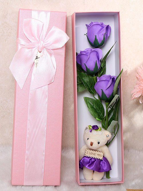 

3 Pcs Handmade Rose Soap Artificial Flowers and Bear, Purple