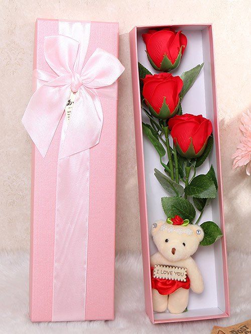 

3 Pcs Handmade Rose Soap Artificial Flowers and Bear, Bright red