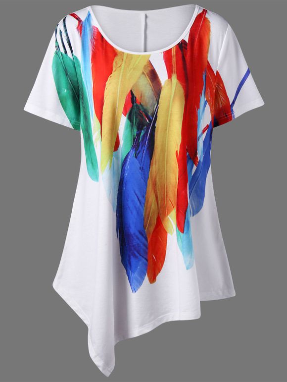 T-shirt Asymétrique Long Imprimé Plume Grande Taille - Blanc 2XL