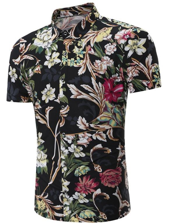 Chemise à manches courtes à motifs floraux - Noir 3XL