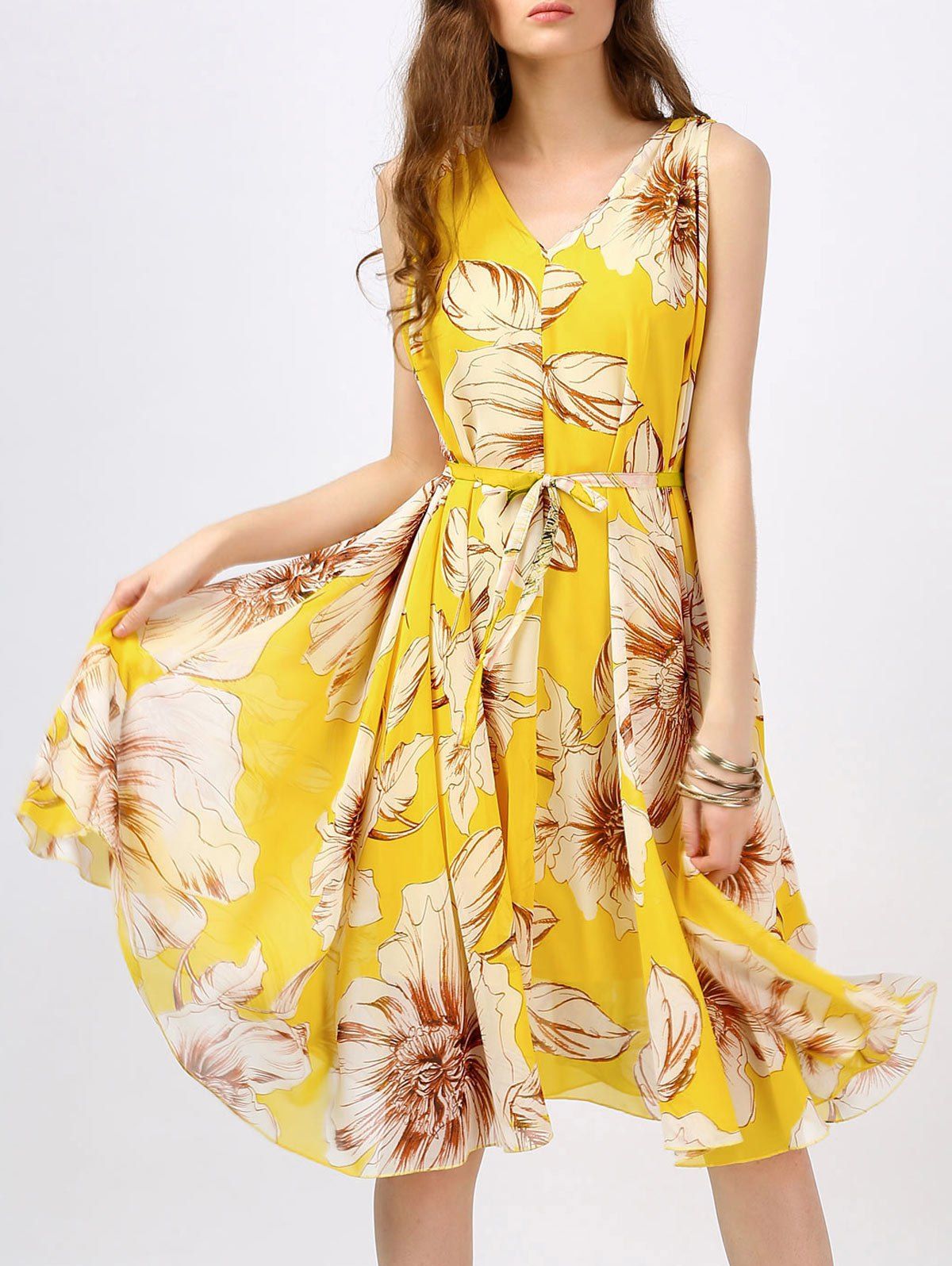 

Bohemian Floral Print Swing Dress, Yellow