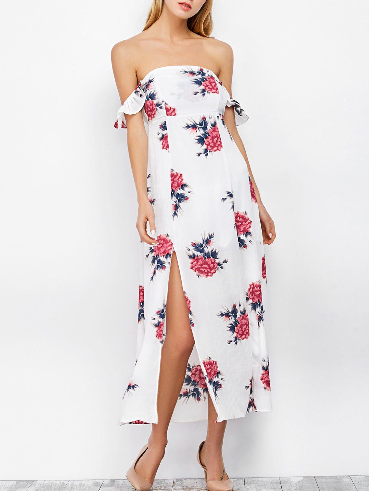 [17% OFF] 2021 Maxi Floral Backless Off Shoulder Slit Summer Dress In WHITE | DressLily