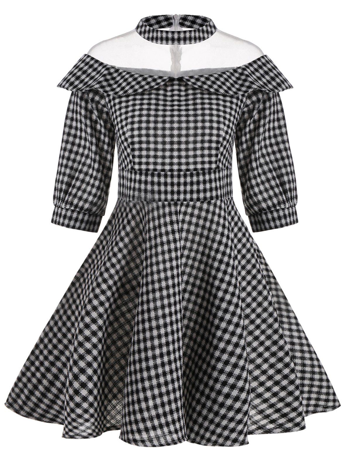 

Mesh Insert A Line Plaid Vintage Dress, Black