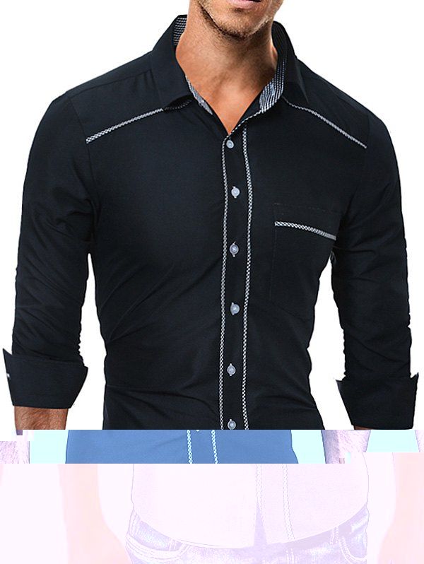 

Plaid Edging Long Sleeve Pocket Shirt, Black