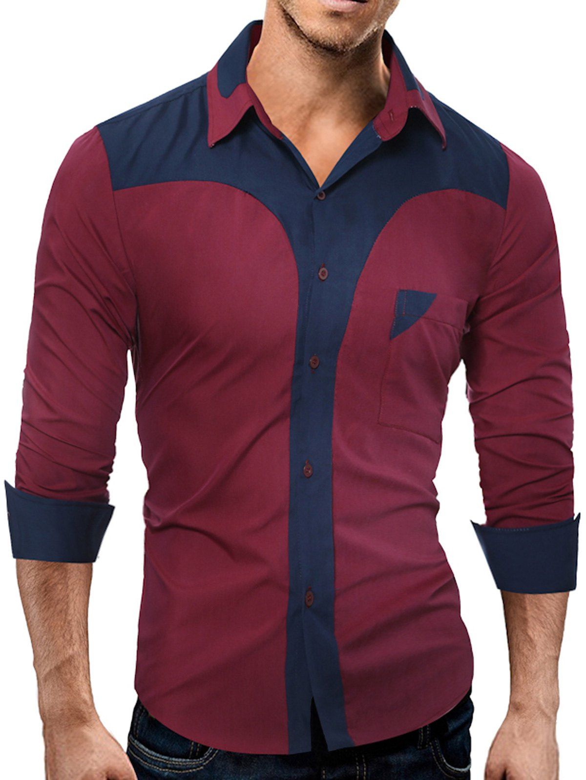 

Color Block Panel Long Sleeve Slim Fit Shirt, Wine red