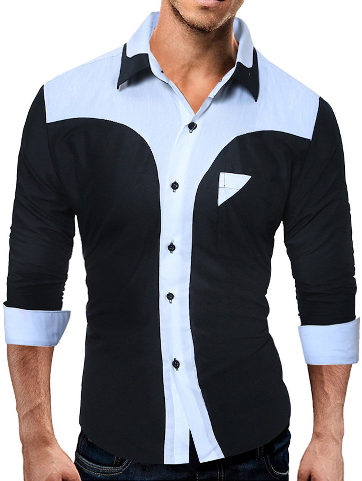 

Color Block Panel Long Sleeve Slim Fit Shirt, Black