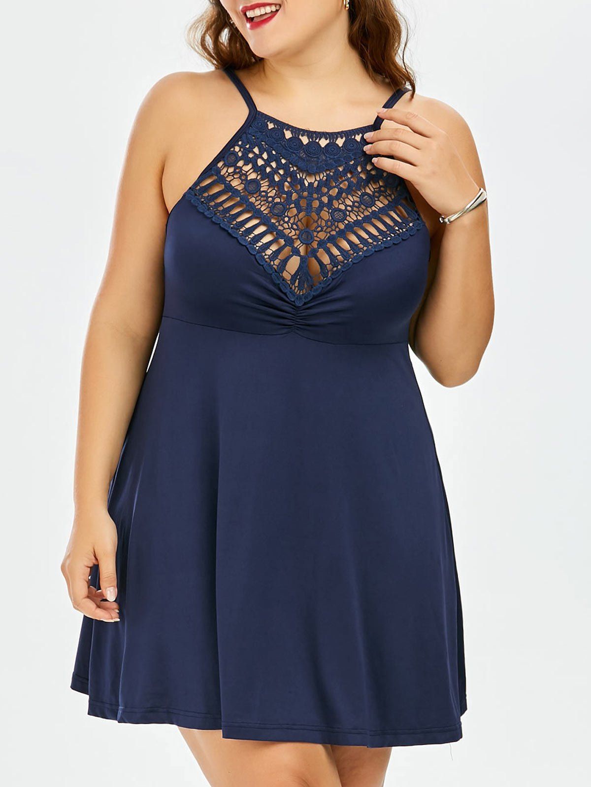 

Plus Size Lace Trim Empire Waist Slip Dress, Purplish blue