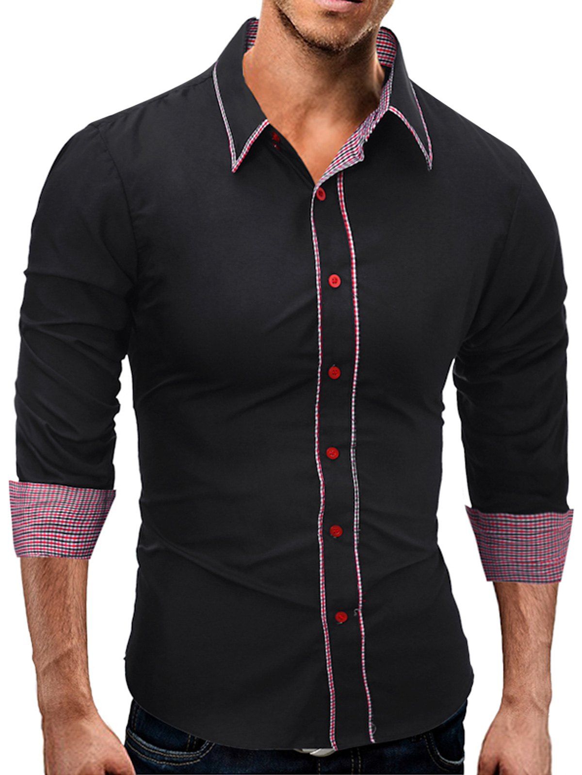 

Plaid Edging Design Long Sleeve Shirt, Black