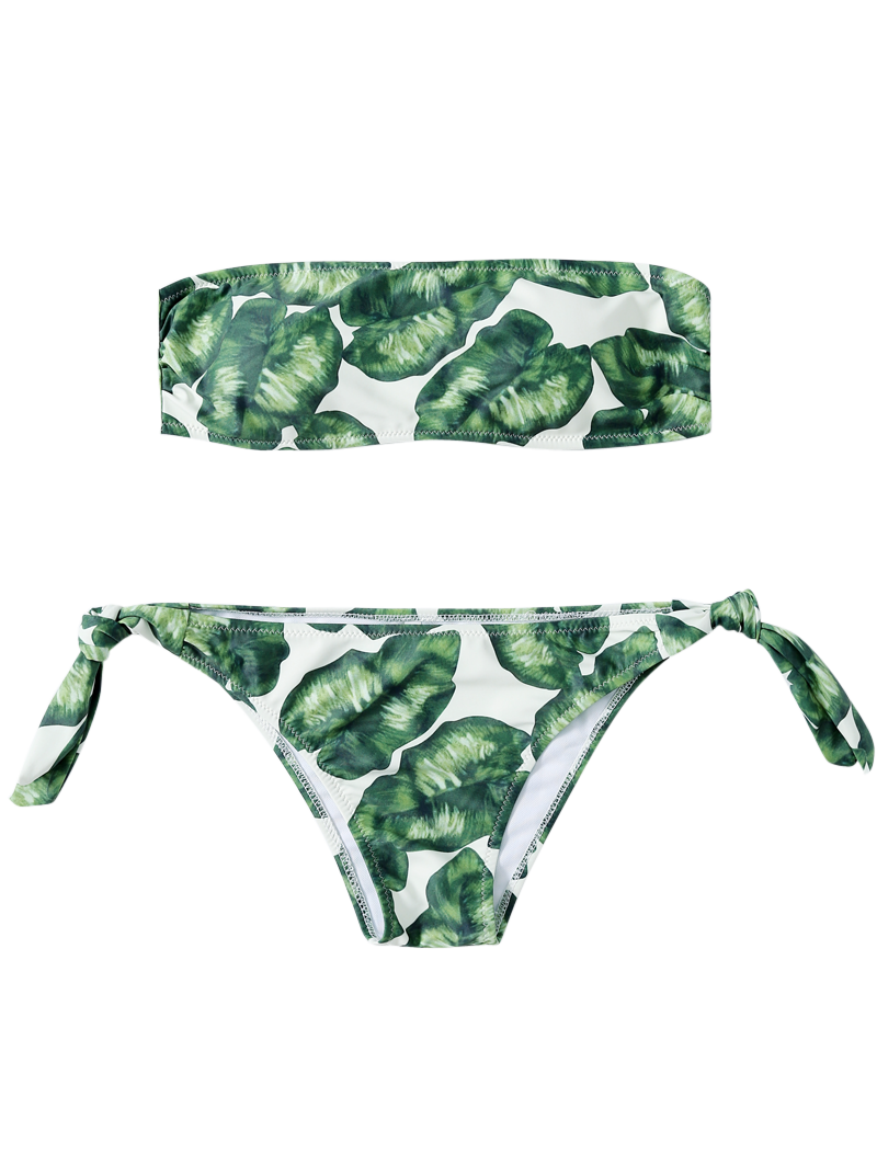 2018 Strapless Leaf Print Ruched Bikini Set Green S In Bikinis Online Store Best Printed Romper 5023