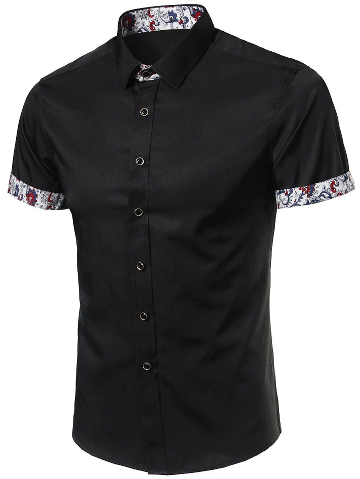 

Floral Trim Short Sleeves Shirt, Black