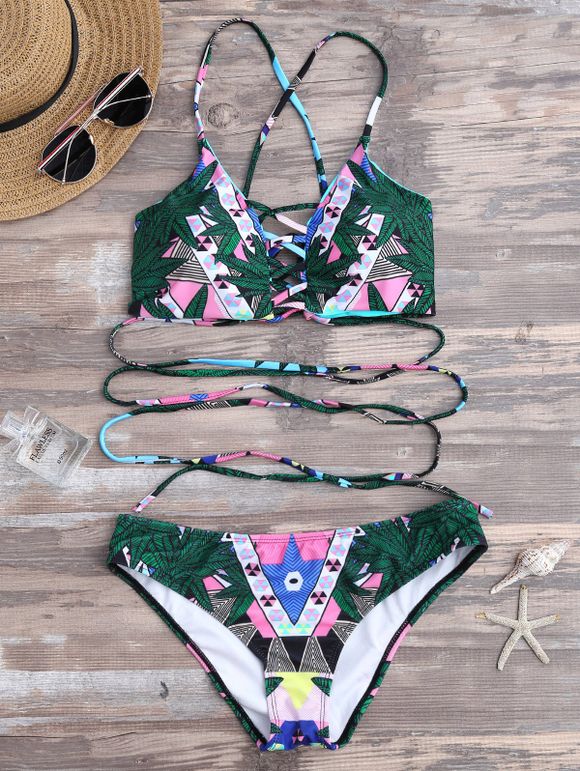 Bikini à cordes Criss Cross imprimé à feuilles tropicales - Vert XL