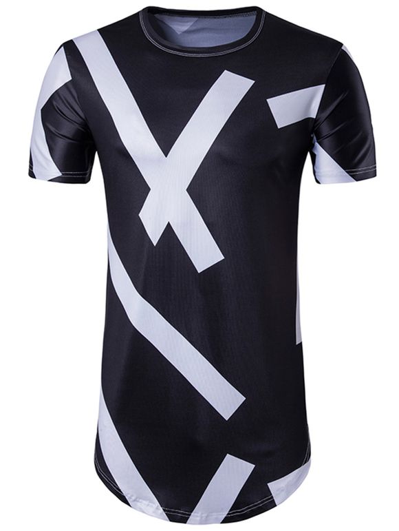 T-Shirt Long Imprimé Géométrique Ras du Cou - Noir S