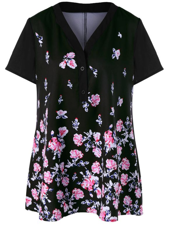 T-shirt Floral Grande Taille - Noir 2XL