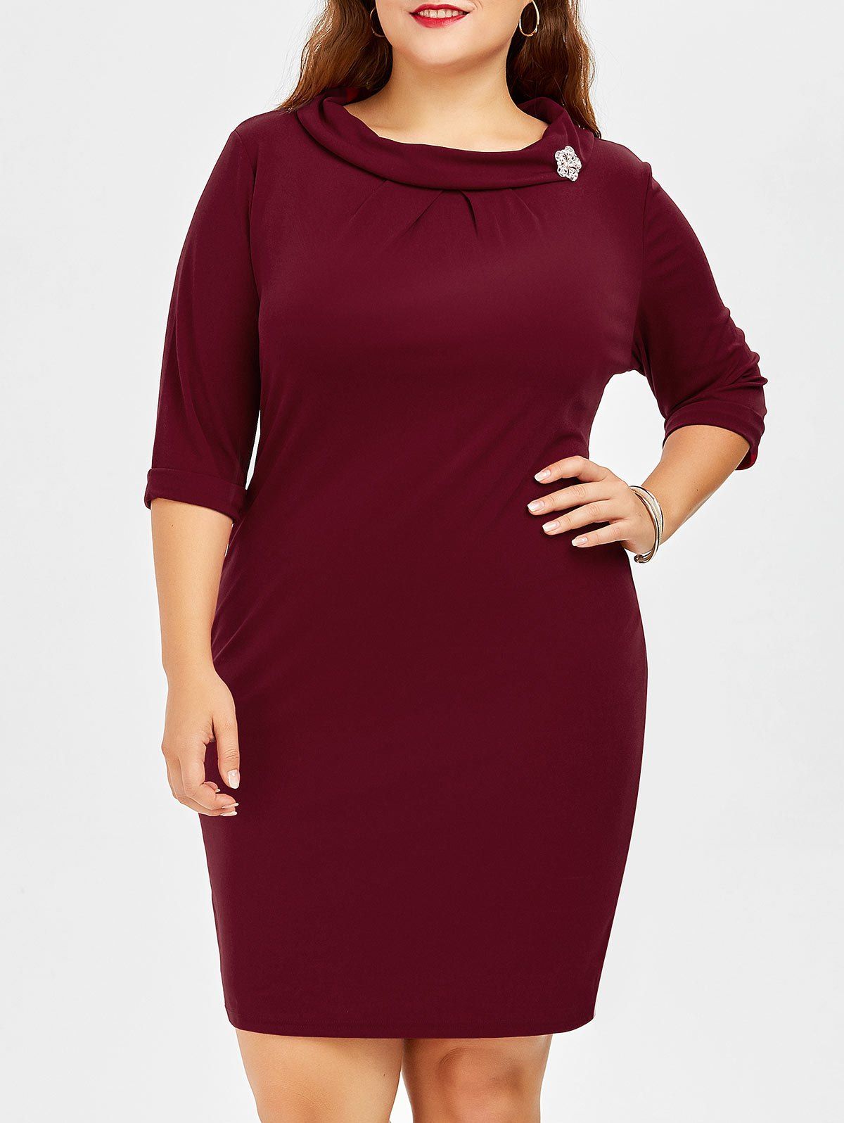 

Plus Size Back Zipper Pencil Dress With Sleeves, Wine red
