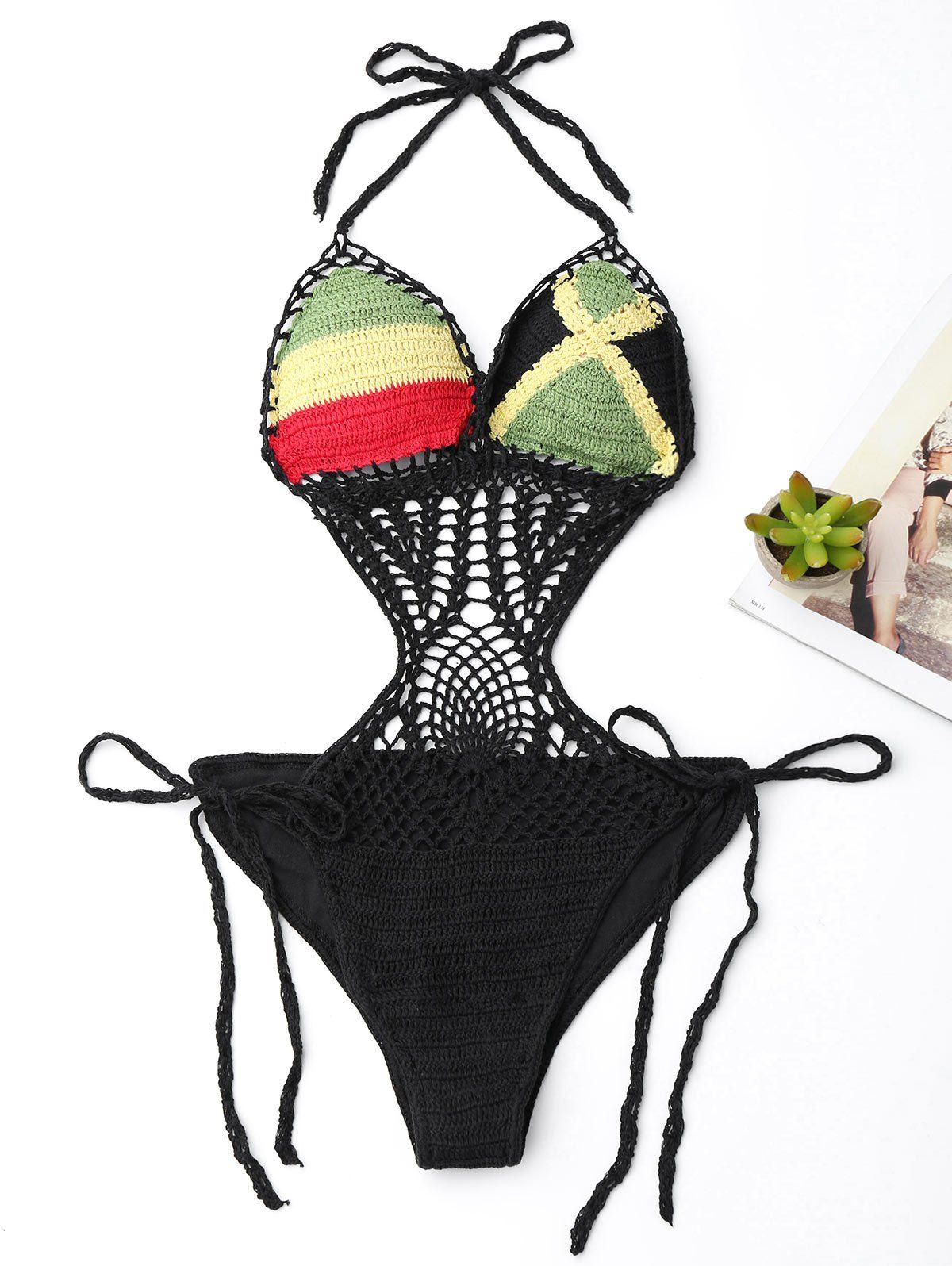 

Color Block Crochet One Piece Swimsuit, Black