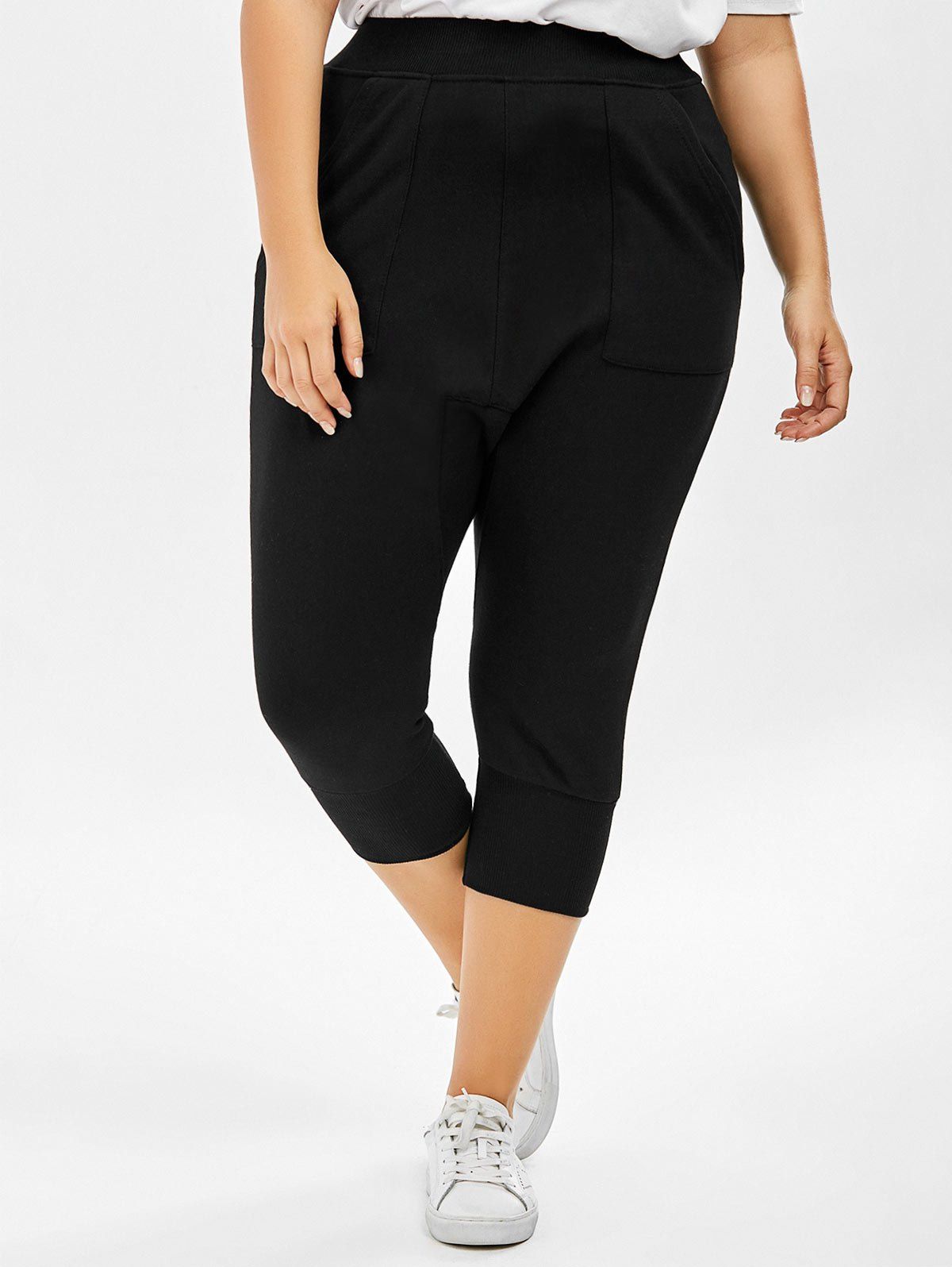 2018 Elastic Waist Plus Size Cropped Pants BLACK ONE SIZE In Plus Size
