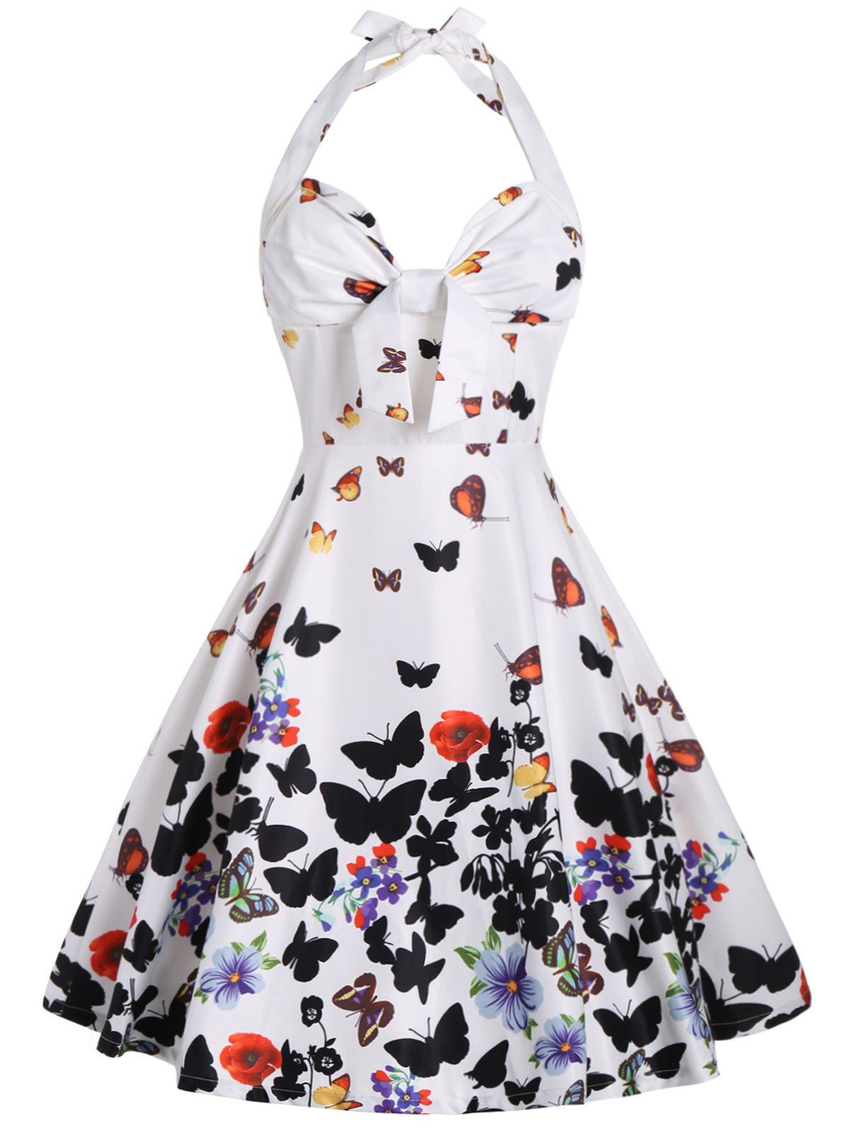 Halter Butterfly Print A Line Dress - WHITE 2XL