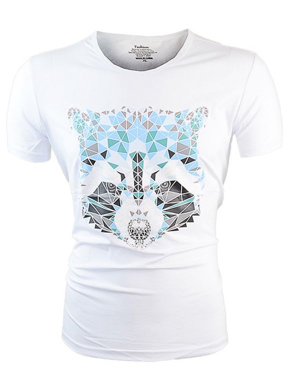 T-shirt à Imprimé Loup Géométrique à Manches Courtes - Blanc 3XL