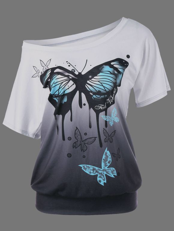 T-shirt Ombré et à Imprimé Papillon - Gris Noir L