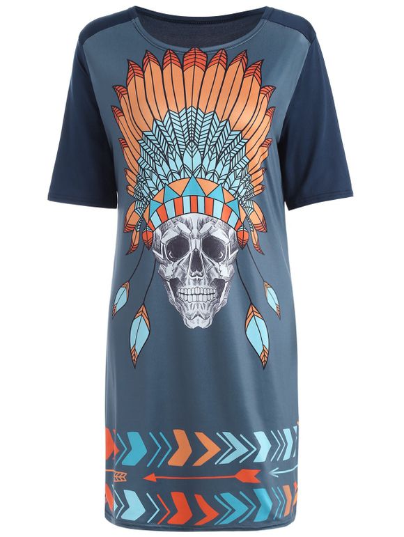 Casual Tribal Skull Print Straight Dress - Cadetblue M