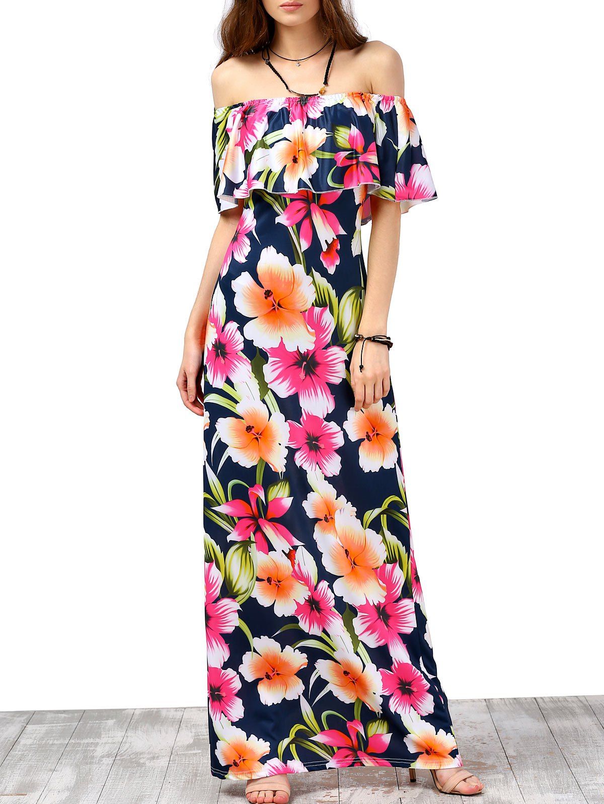 

Off The Shoulder Floral Print Long Dress, Orange