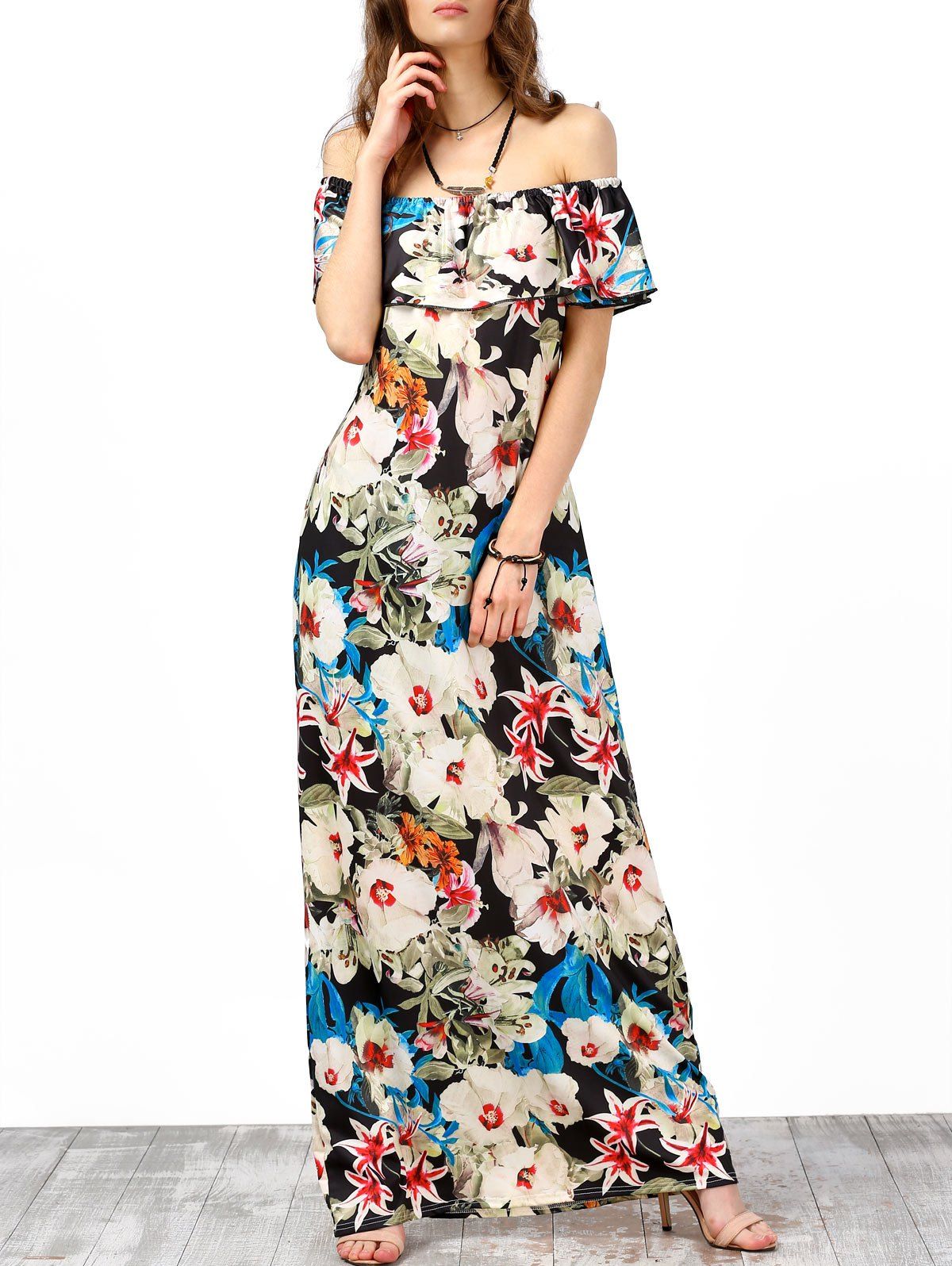 

Off The Shoulder Floral Print Long Dress, Off-white