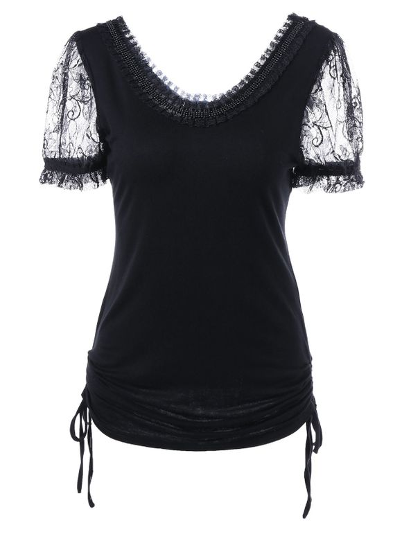 Voile Insert Ruffled Ruched Side Tie T-Shirt - Noir M