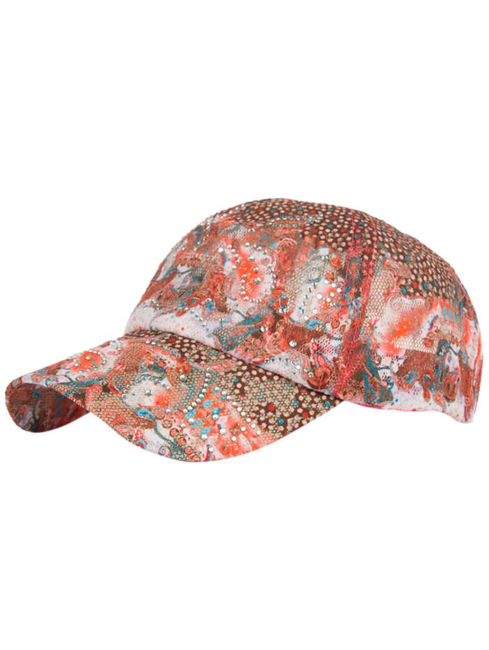 

Mesh Rhinestone Decoration Floral Print Baseball Cap, Orange red